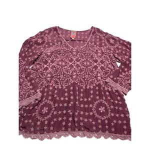 Johnny Was XXL Mauve Purple Embroidered Blouse Boho Crochet Trim Top